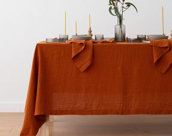 Stone Washed Linen tablecloth in Cinnamon. Any width up to 106" width, any length, no seams.  Round, square, rectangular.