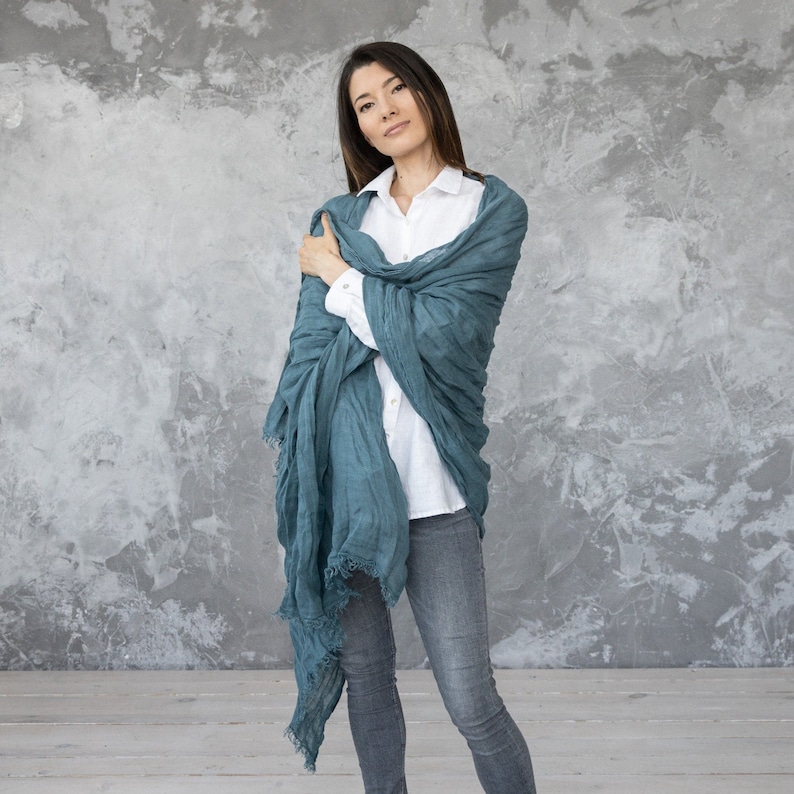 Washed Linen Shawl Wrap in Balsam Green Garza. Hand Made Fringes, European linen. Size 100 x 200 cm READY TO SHIP. Available in 14 colors. image 6