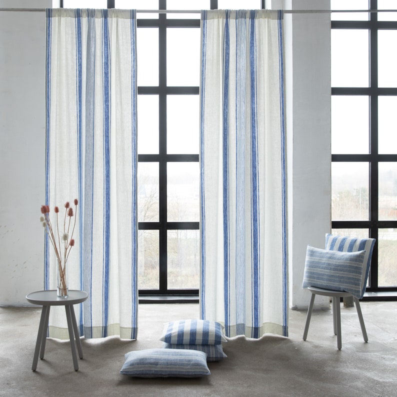 Heavy Linen Rod Pocket Curtain Panel, Washed, White Blue Stripe. Pure European linen. Curtain for window or doors. Custom size available image 2