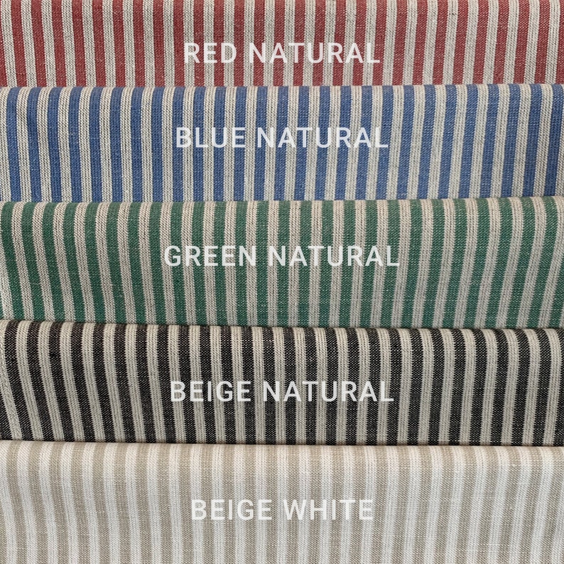 May include: Five fabric swatches with different coloured stripes. The swatches are labelled "Red Natural", "Blue Natural", "Green Natural", "Beige Natural", and "Beige White".