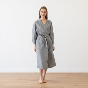 Women's Waffle Linen Bath Robe in Graphite. Unisex Kimono Style Linen ...