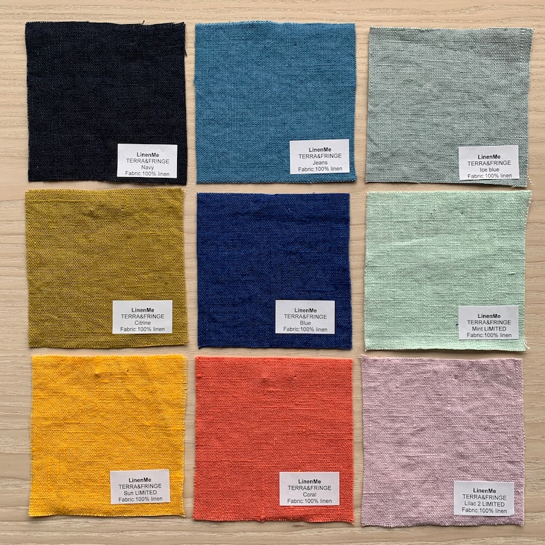 May include: Nine fabric swatches in various colors, including navy, blue, green, yellow, orange, and pink. Each swatch has a label with the text "LinenMe TERRA&FRINGE" and the color name, followed by "Fabric: 100% linen".