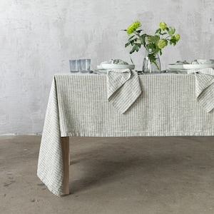 Striped Linen tablecloth in Forest Green Natural. Round, square, rectangular table linens from washed heavy weight linen