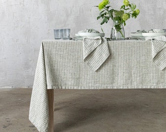 Striped Linen tablecloth in Forest Green Natural. Round, square, rectangular table linens from washed heavy weight linen