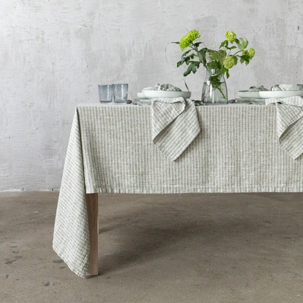 Striped Linen tablecloth in Forest Green Natural. Round, square, rectangular table linens from washed heavy weight linen