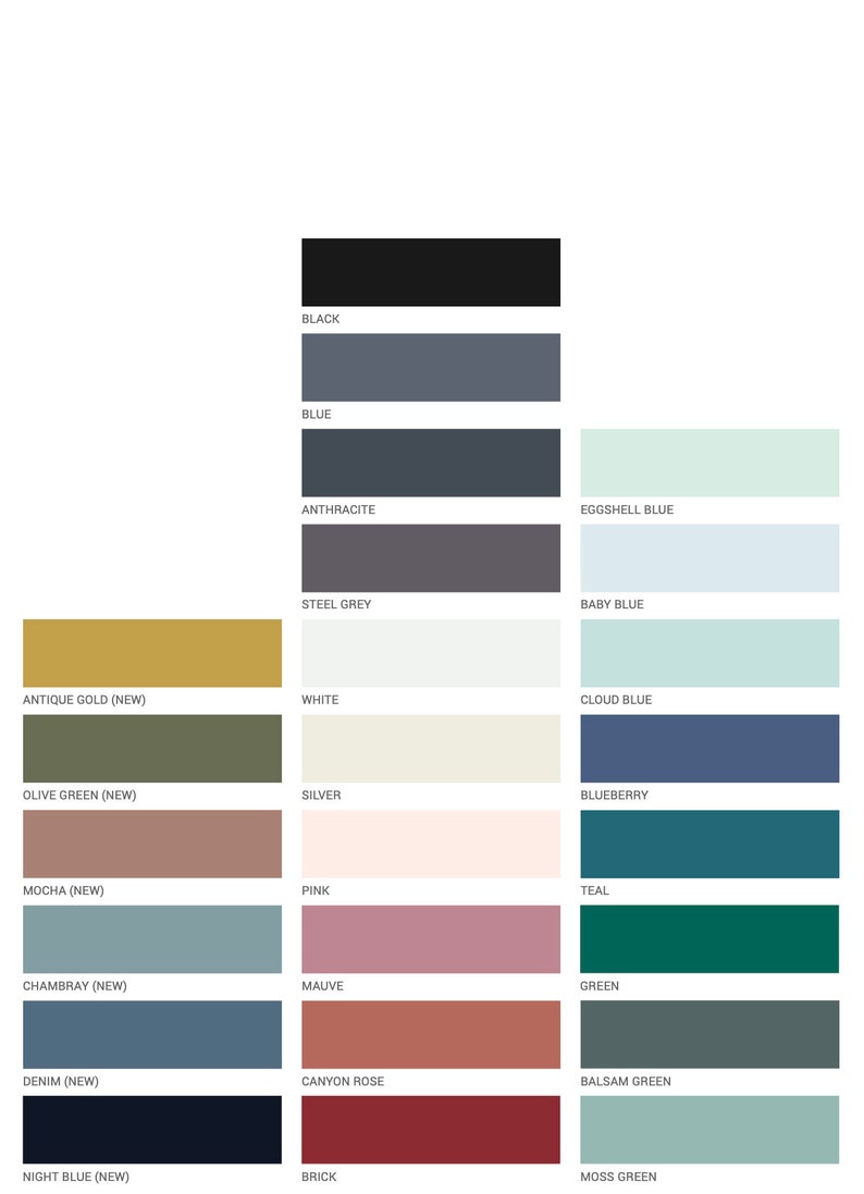 May include: A color chart with 20 different paint colors, including black, blue, white, silver, pink, teal, green, and brown. The colors are arranged in two columns, with the names of the colors listed below each swatch.