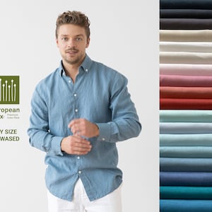 Men&#39;s linen shirt various colors. Classic linen shirt with buttons and long sleeve. Summer linen shirt. Washed linen clothing for men.