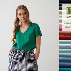 Washed Linen V Neck Top Various colors.  Washed Summer Short Sleeves Blouse. Linen Clothing for woman. Loose-fitting Blouse. Any size blouse