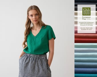 Washed Linen V Neck Top Various colors.  Washed Summer Short Sleeves Blouse. Linen Clothing for woman. Loose-fitting Blouse. Any size blouse