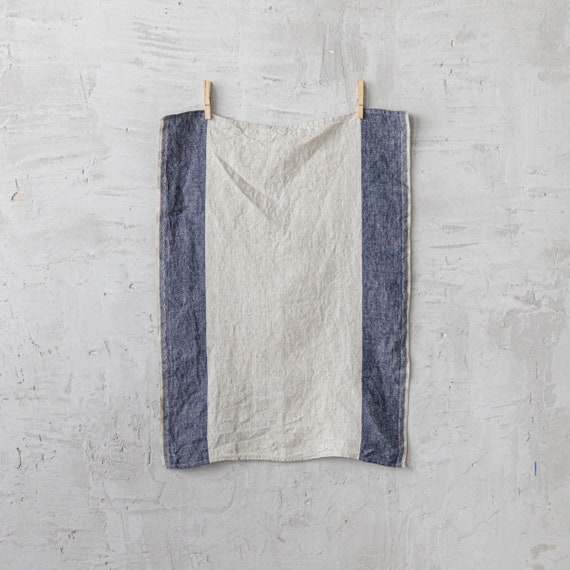 Set of 2 Linen Tea Towels Navy With Natural. Washed Linen Kitchen