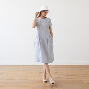 Loose Dress with Short Sleeves and Pockets in Striped Linen. Washed and soft linen dress. Summer Linen Dress. Available in 8 Colors. image 5