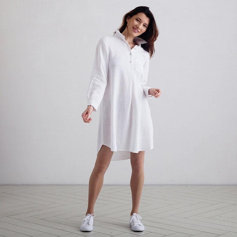 Washed White Linen Tunic Shirt Dress Camila long Sleeves A Etsy