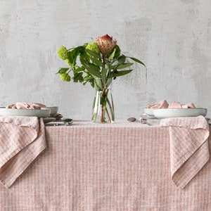Striped Linen tablecloth in Orange Natural. Round, square, rectangular table linens from washed heavy weight linen image 1