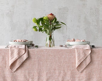 Striped Linen tablecloth in Orange Natural. Round, square, rectangular table linens from washed heavy weight linen