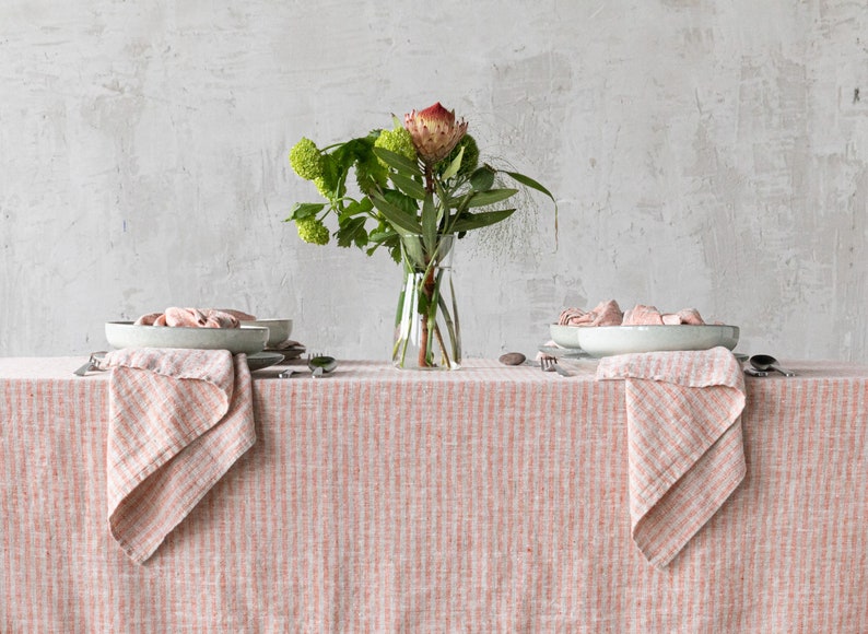 Striped Linen tablecloth in Orange Natural. Round, square, rectangular table linens from washed heavy weight linen image 1