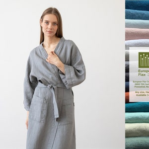 Women&#39;s waffle linen bath robe in Graphite. Unisex kimono style linen robe. Waffle robe for women, men. Various colors.