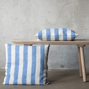 Heavy Linen pillow case with buttons. Blue White Striped. Standard, queen, king, body, euro sham and custom size. Linen Cushion, Sham.