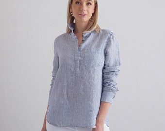 Linen Shirt Navy Striped *Loose-fitting with half-length buttoned opening *Available in 10 colors