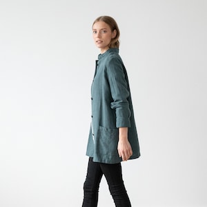 Heavy Linen Jacket in Balsam Green. Washed linen jacket for woman with pockets and buttons. European flax certified linen coat for women image 4
