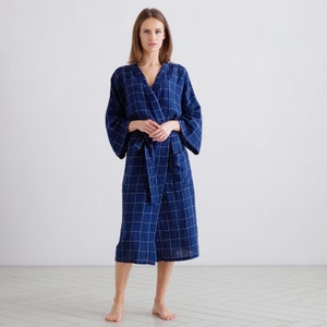 Women's linen bath robe in Window Pane Navy White. Unisex linen robe. Linen robe for women, men. image 3