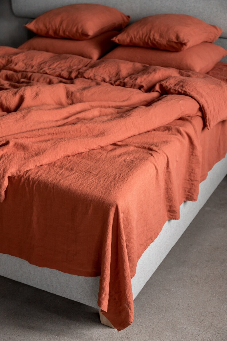 Stone Washed Linen Flat Sheet in Brick Rust Terra Cotta. NO Etsy