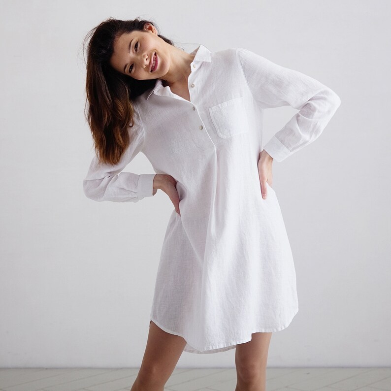 Washed White Linen Tunic Shirt Dress Camila long Sleeves A Etsy