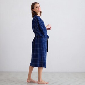 Women's linen bath robe in Window Pane Navy White. Unisex linen robe. Linen robe for women, men. image 2