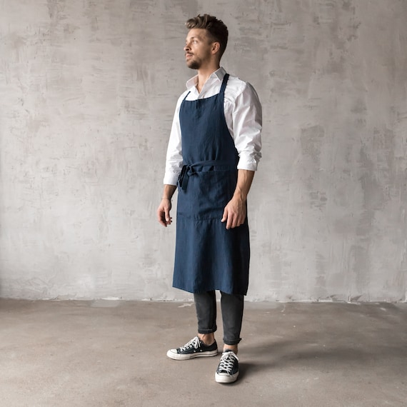 Men's Linen Bib Apron in Navy, Indigo Blue and Other 30