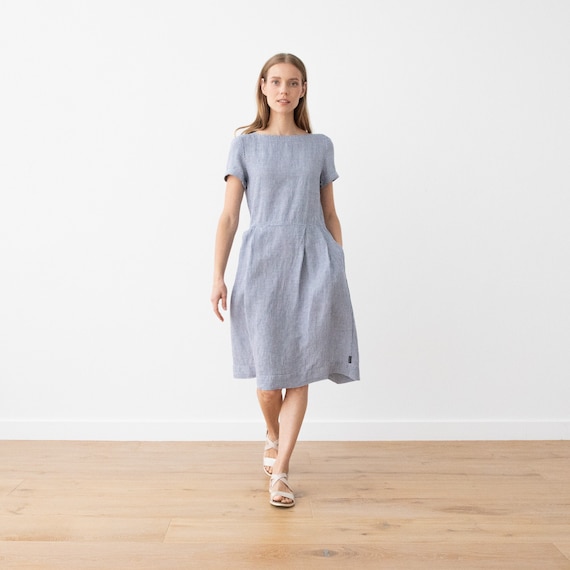 Loose Fit Dress with Short Sleeves and Pockets. Washed and soft linen dress. Summer Linen Dress. Gingham linen White with Blue