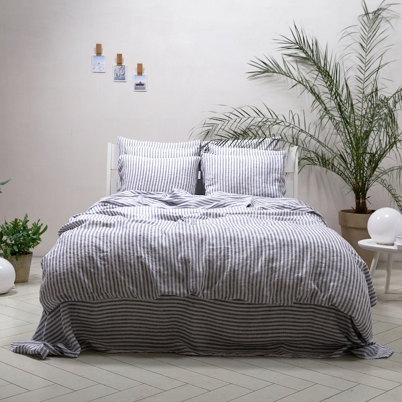 Ticking Stripe Linen Duvet Cover Indigo. Queen Double King Etsy