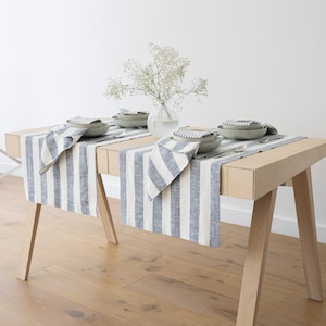 Striped Linen Table Runner Indigo White any length. Washed linen table runner for outdoor dining. Long table runner for wedding, birthdays.