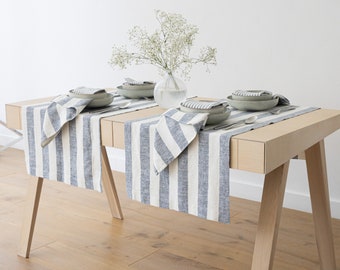 Striped Linen Table Runner Indigo White any length. Washed linen table runner for outdoor dining. Long table runner for wedding, birthdays.