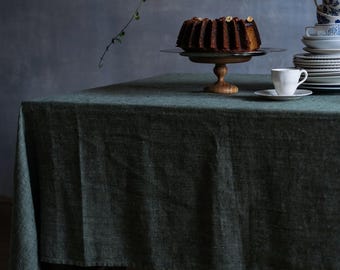 Washed Linen tablecloth in Forest Green. Round, square, rectangular table linens. Heavy weight, plain weave. Custom size. Christmas table