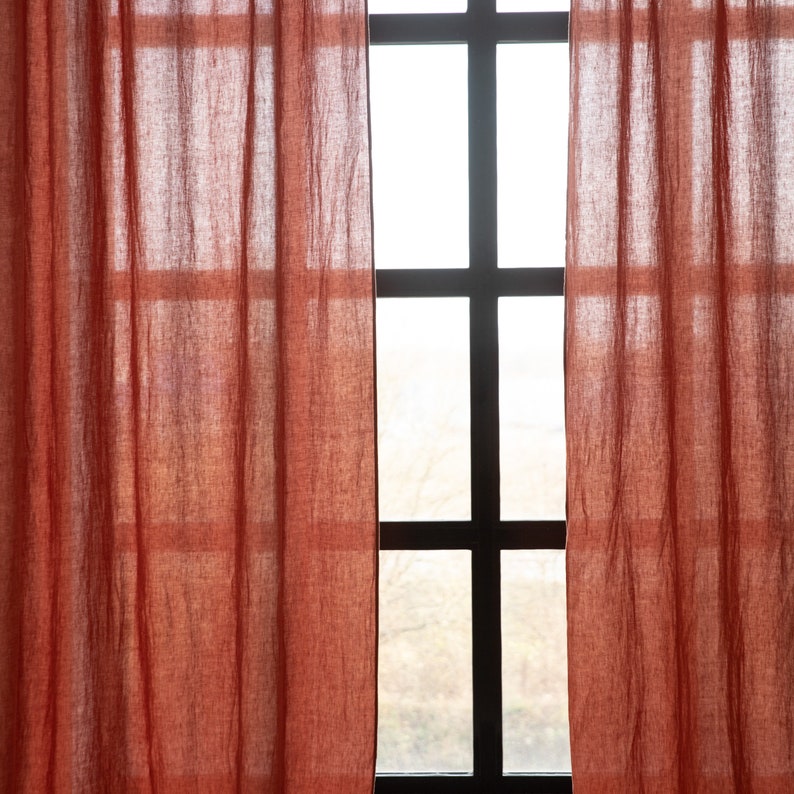 Tie Top Linen Curtain Panel in Brick Rust. Semisheer Window Etsy
