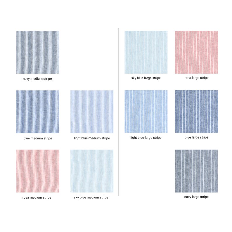K&ouml;nnte beinhalten: Eine Tabelle mit neun verschiedenen gestreiften Stoffmustern in verschiedenen Farben, darunter Marine, Blau, Hellblau, Himmelblau und Rosa. Jedes Muster ist mit der Farbe und der Streifenbreite beschriftet, z. B. "Marine mittelgestreift" oder "Himmelblau gro&szlig;gestreift".