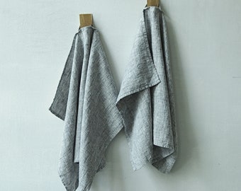 Set of 2  Heavy Linen Tea, Kitchen Towels Graphite Grey Melange. Washed linen kitchen towel. Linen Hand towel, dish towel, dishcloth.