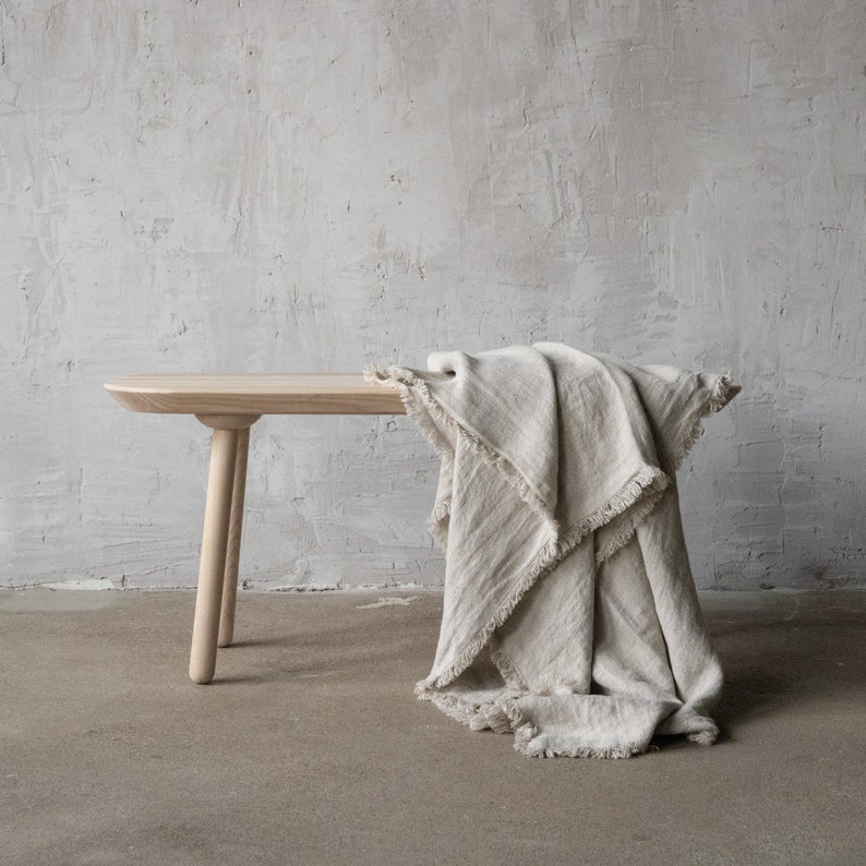 Linen Throw Blanket in Natural. Basket weave linen, fringed, European linen. Twin, Queen, King size. Any size up to 108" Linen Bed Cover. image 3
