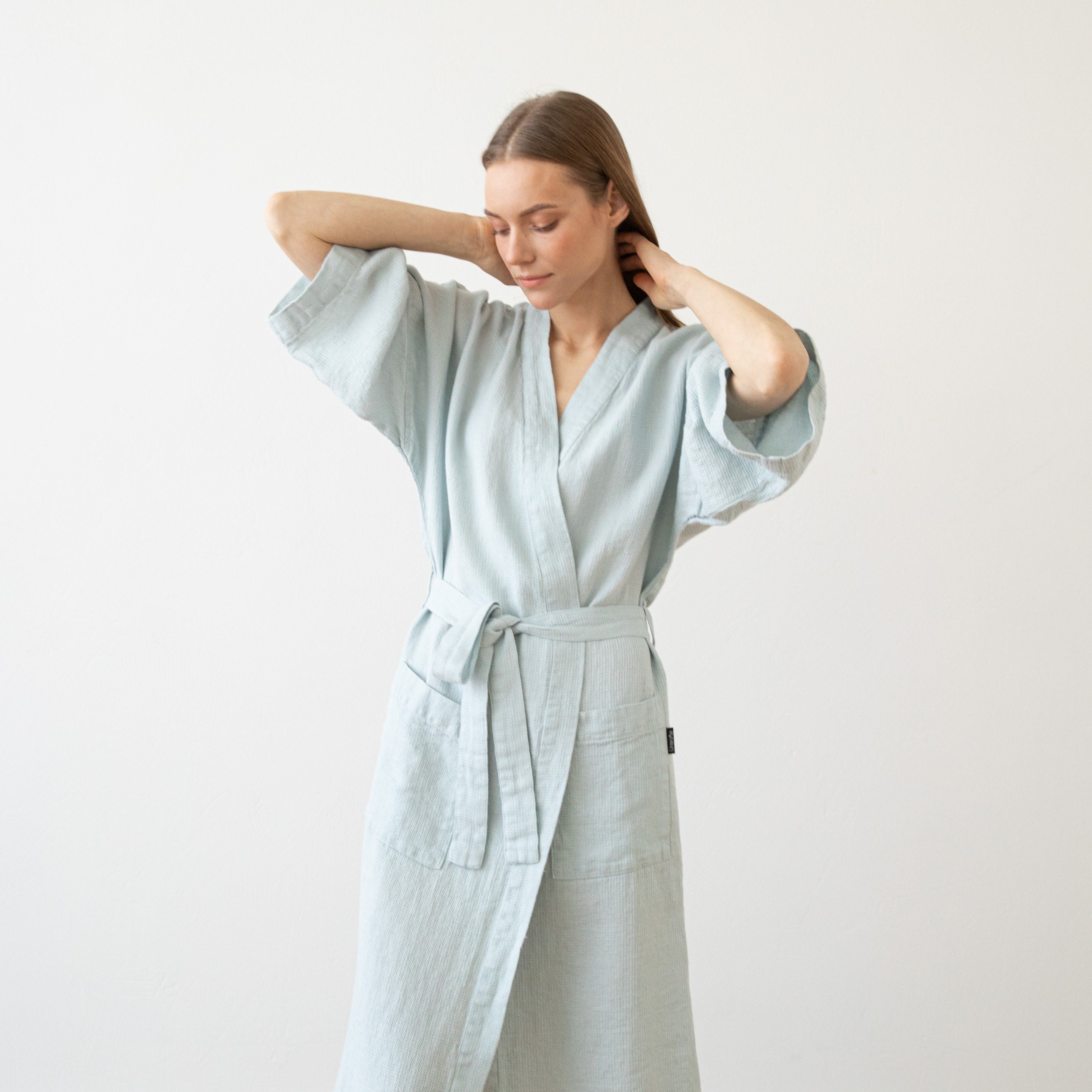 Seme Robe Women's Waffle Linen Bath Robe in Light Blue. Unisex Linen Robe. Linen ...