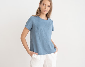 Washed Linen Blouse Isabella with Short sleeves in Various colors. Linen Clothing for woman. Loose-fitting Blouse, summer shirt