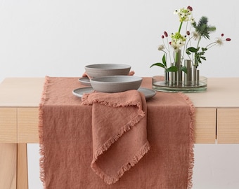 Rustic Heavy Linen Table Runner in Mocha, Hand Made with fringes, Heavy Washed linen, Any Length, Table Linen. Long Table Runner