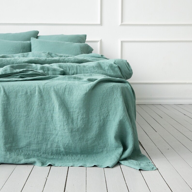 Moss Green Linen Sheet Set Washed Fitted Sheet Flat Etsy