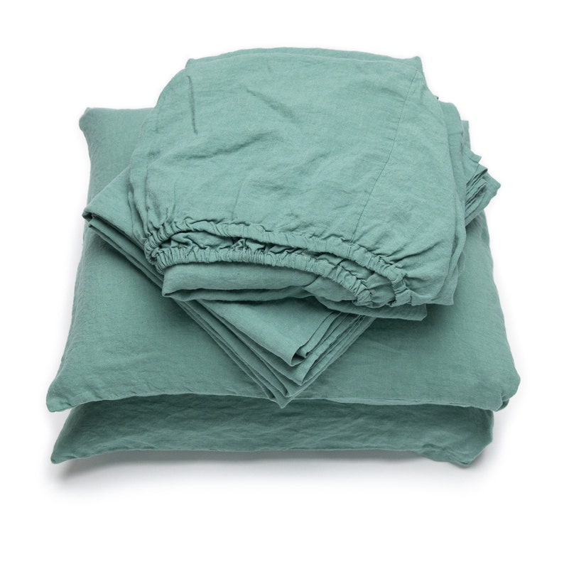 Moss Green Linen Sheet Set Washed Fitted Sheet Flat Etsy
