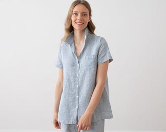 Medium Stripe Pajama Set for woman in Denim. Hand made pajama set from washed linen. Linen home wear for Christmas