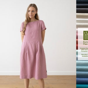 Dusty Rose Linen Dress with Short Sleeves and Pocket. Summer Linen Dress in Mauve. Available in 16 Colors. No Shrinkage, prewashed