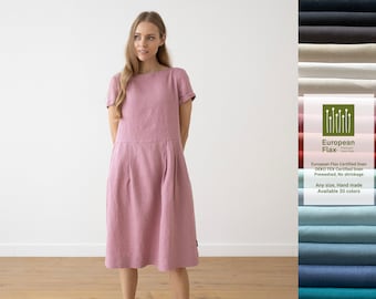 Staubrotes Leinenkleid mit kurzen Ärmeln und Tasche. Sommerliches Leinenkleid in Mauve. Erhältlich in 16 Farben. Nicht schrumpfen