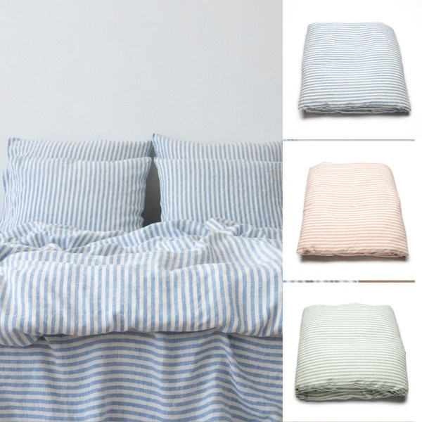 Ticking Stripe Linen Duvet Cover Various colors. Washed linen duvet Queen, King and other sizes linen bedding. Stone washed linen bedding