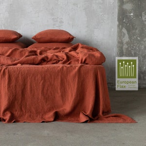 Stone Washed Linen Flat Sheet in Brick, Rust, Terra Cotta. NO SEAMING. King, Queen, Twin, Custom size bed linen sheets, linen bedding.