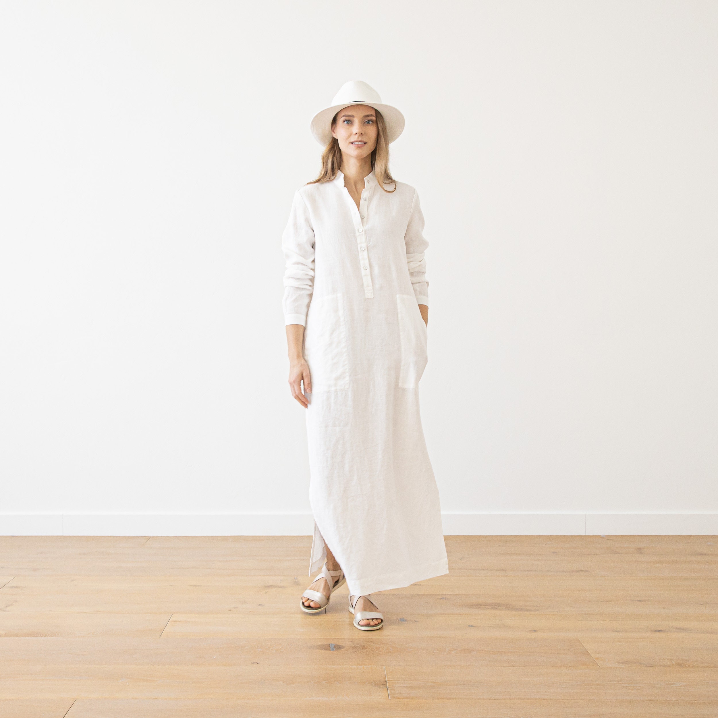 LinenMeStore White Linen Dress Dona *Straight Silhouette * Long Dress * Long Sleeve Dress with Pockets