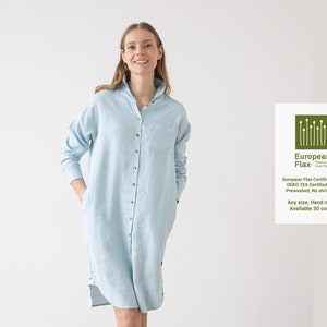 Linen Shirt Dress Cloude Blue, Light Blue. Washed linen clothing. Drop shoulder shirt dress. Linen everyday shirt. Oversized linen shirt.