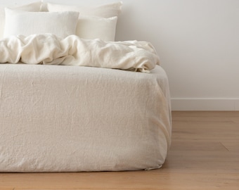 Linen fitted bed sheet in off white. Washed linen bedding. Queen, King linen fitted sheet.